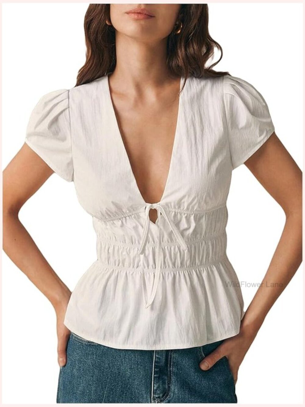 Peplum Puff Sleeve Babydoll Top Tie Front Deep V Neck Going Out Blouse